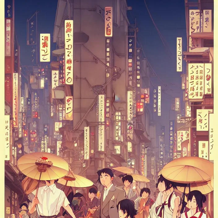 Image similar to japanese big city, summer, in the style of studio ghibli, j. c. leyendecker, greg rutkowski, artem