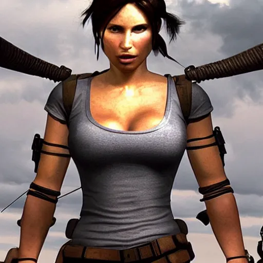 Prompt: Photograph of Lara Croft inflated like a balloon. Her body is huge and round, and she’s bulging out of her clothes.