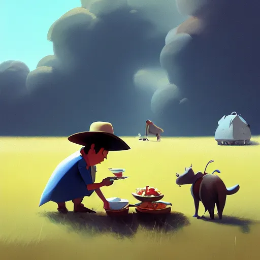 Prompt: goro fujita ilustration people eating in the field, characterized by francisco de goya, character art, sharp focus, highly detailed, artstation