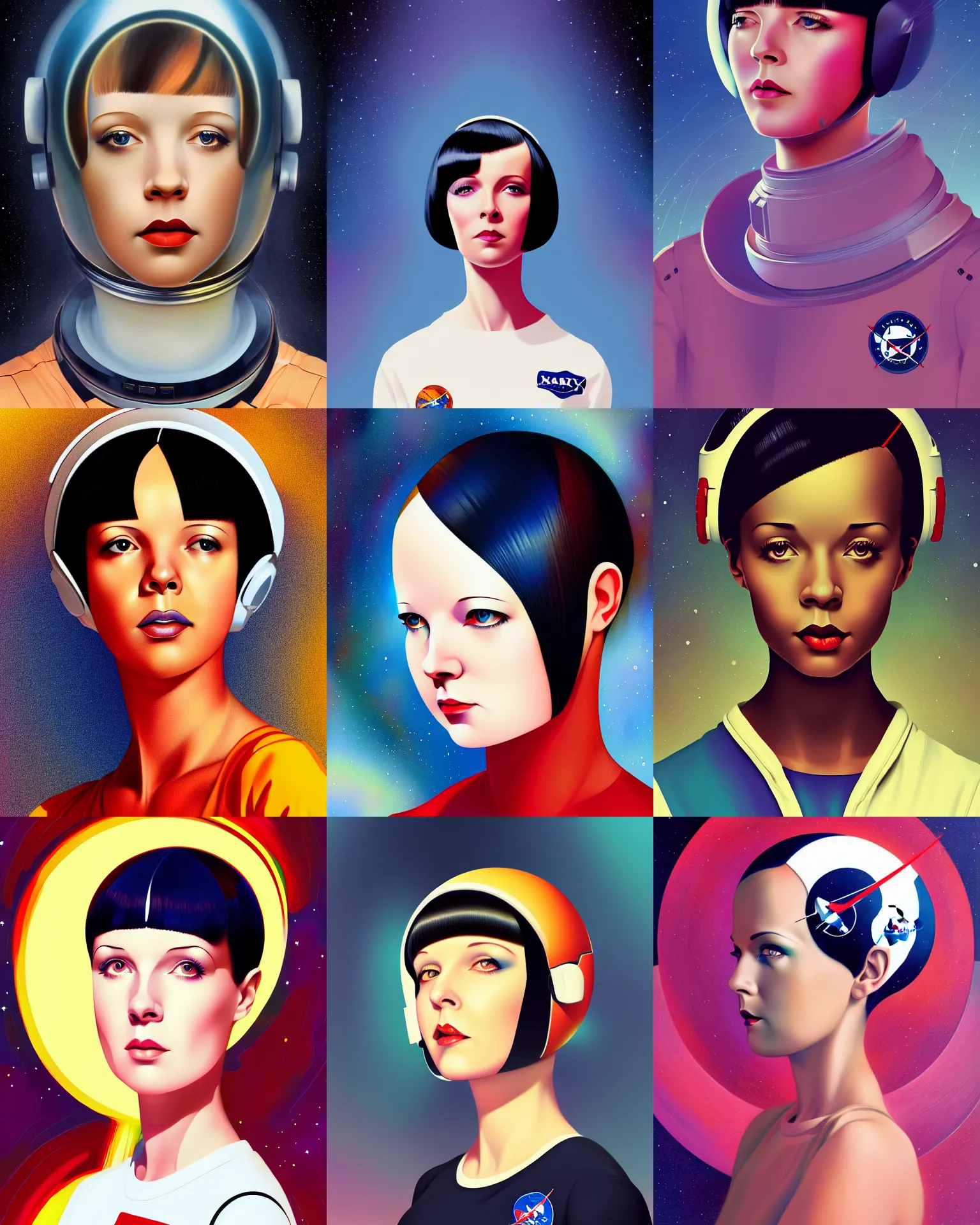 Prompt: mary louise brooks 2 6 years old astronaut, afro futurism,, half portrait by stanley artgerm, dramatic lighting, ilya kuvshinov, trending on artstation, flat colour, geometric curves, gradient filter, pleasing tone colours, space walk