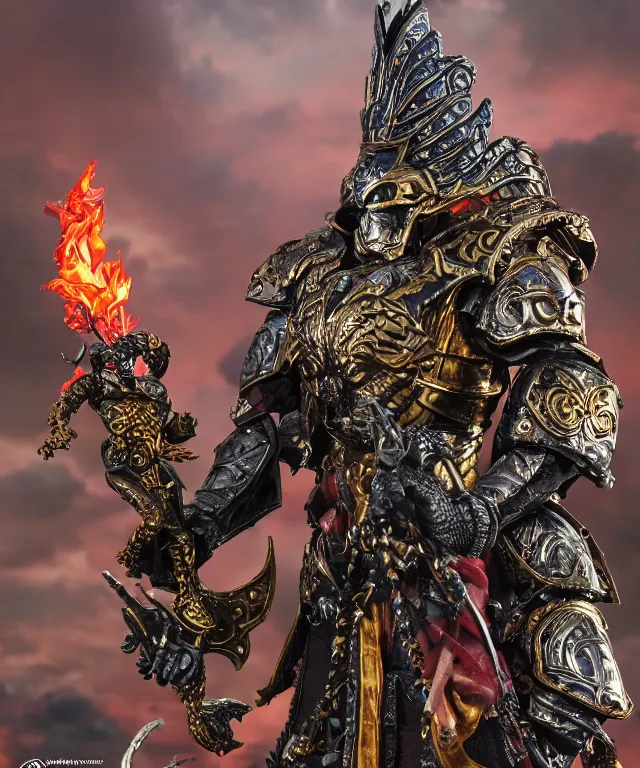 Image similar to hyperrealistic rendering, epic ornate supreme demon overlord, jewel crown, war armor battle, by art of skinner and richard corben, product photography, collectible action figure, sofubi, hottoys, storm clouds, outside, lightning