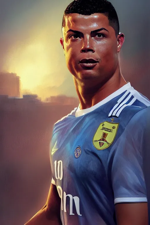 Image similar to ronaldo luis nazario da lima, football player, against the background of dawn, highly detailed, digital painting, artstation, concept art, smooth, sharp focus, illustration, art by artgerm and greg rutkowski and alphonse mucha