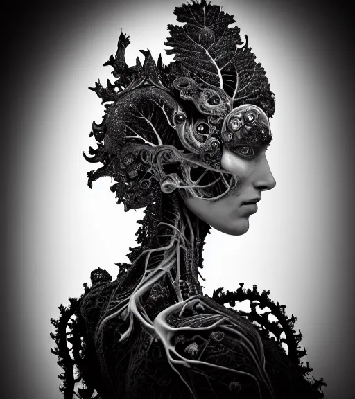 Image similar to dark background, a black and white high quality dreamy photo of a young beautiful female queen-vegetal-dragon-cyborg bust with a very long neck and delicate Mandelbrot fractal face, anatomical, facial muscles, veins, arteries, elegant, highly detailed, flesh highly baroque ornate, hair are curled wired cables, elegant, poetic, dreamy, mysterious, high fashion, rim light, in the style of Ellen von Unwerth, Realistic, Refined, Digital Art, Highly Detailed, Cinematic Lighting, rim light, black and white, photo-realistic, 8K