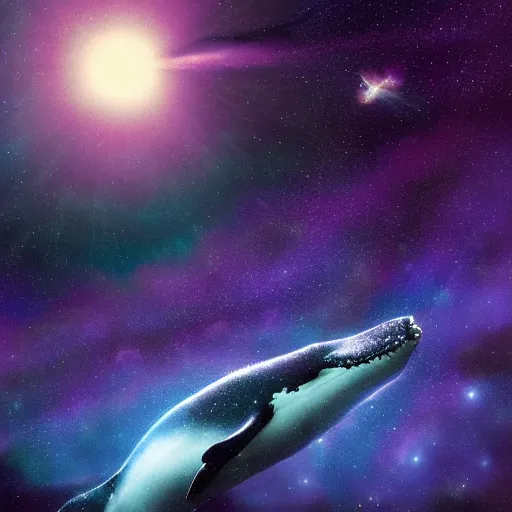 Prompt: portrait of whale swimming on a dark night sky, swimming across the universe, nebulae, purple and blue, galaxies, oniric, dreamy, beautiful, highly detailed, cinematic, dynamic composition, trending on artstation