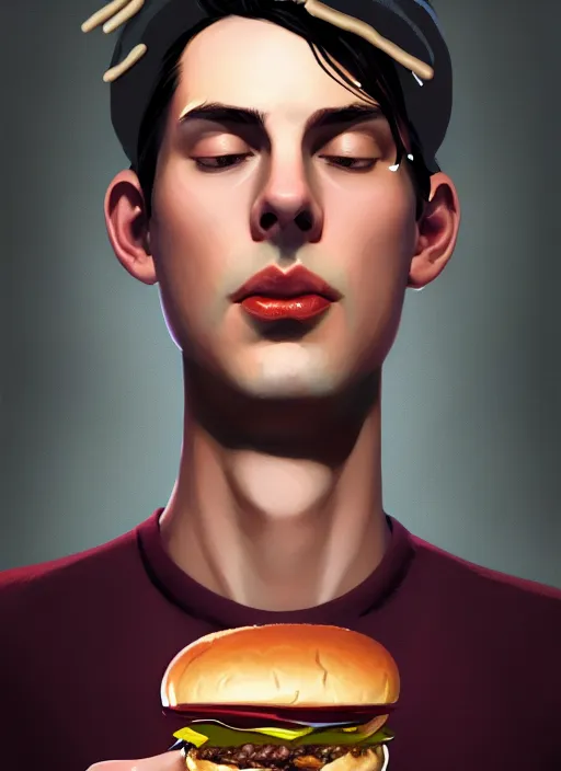 Image similar to portrait of jughead jones, eating a hamburger, wearing a crown, eyes closed, intricate, elegant, glowing lights, highly detailed, digital painting, artstation, concept art, smooth, sharp focus, illustration, art by wlop, mars ravelo and greg rutkowski