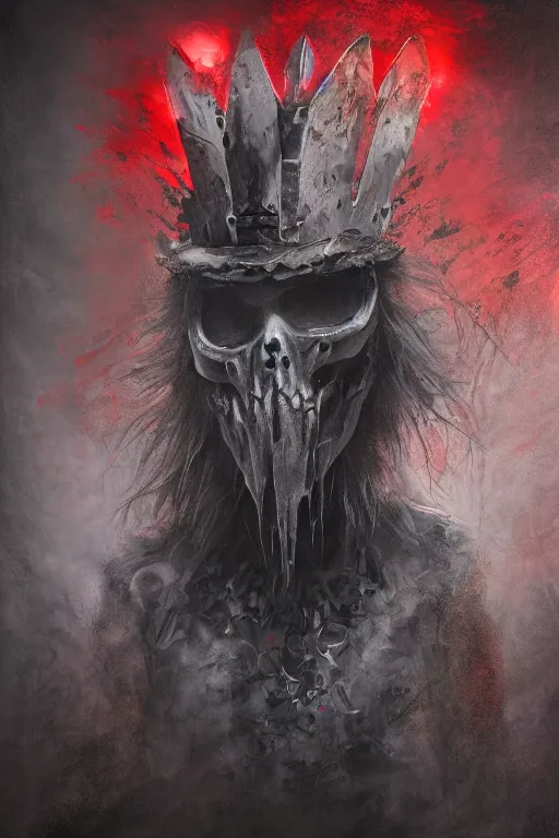 Image similar to the ghost - spirit of the grim - hatter wears the scarlet skull armor and blood headdress, midnight fog - mist!, dark oil painting colors, realism, cinematic lighting, various refining methods, micro macro autofocus, ultra definition, award winning photo