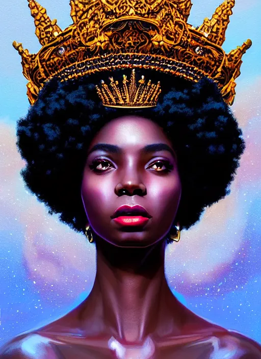 Prompt: portrait of young black woman with glowing crown jewels, afro - futurist style, intricate, elegant, exploding nebulae, highly detailed, digital painting, artstation, concept art, smooth, sharp focus, illustration, art by wlop, mars ravelo and greg rutkowski