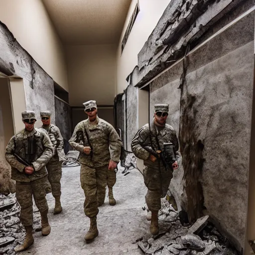 Image similar to American soldiers entering the ruins of an apartment, cinematic, professional photography, low-angle, behance