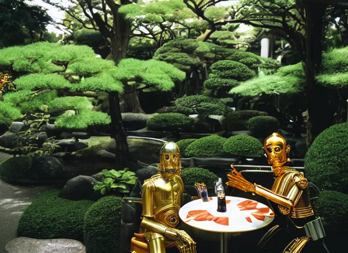 Image similar to C-3PO sitting at a bistro table in a lush japanese garden, still from star wars, shot on film, close up, depth of field, nature show, incredible detail, dramatic lighting