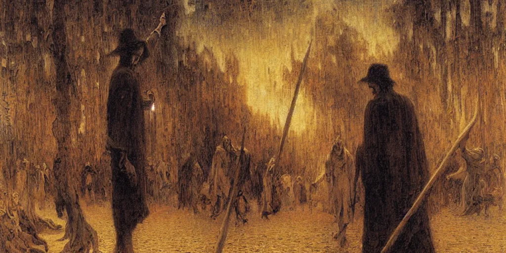 Image similar to a painting of the dark man at the crossroads by gustav moreau, jean delville and  Gaston Bussiere