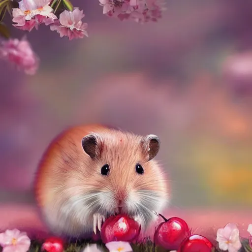 Prompt: beautiful oil painting of a hamster sitting in a colorful wide field full of cherry blossoms, artstation, high details