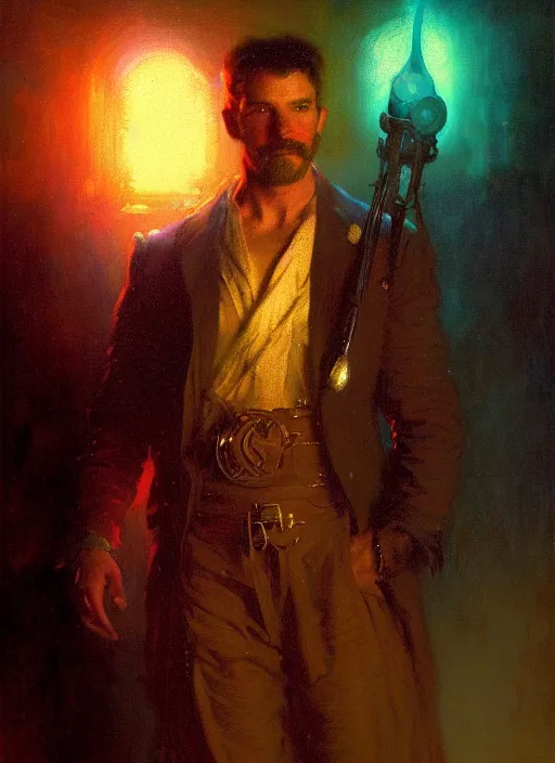 Image similar to illustration by gaston bussiere, gerome, craig mullins, greg rutkowski, john singer sargent. portrait of eddie munson joseph quinn. 8 0's neon retro. lights, glow, magical. dark background.