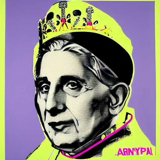 Image similar to portrait of pope benedict xvi wearing tiara on the top of his head in the style of screen print by andy warhol. pop art