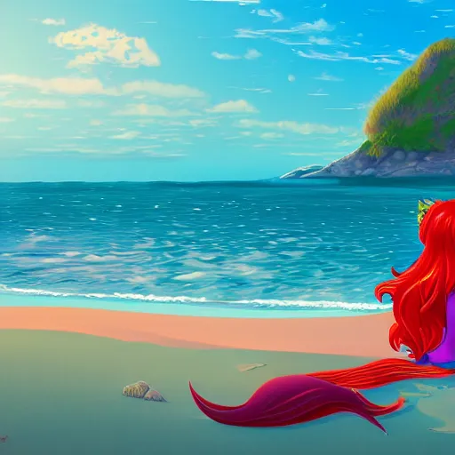 Image similar to the little mermaid sitting on a beach, vivid color, cartoon style, digital art, highly detailed, 8 k, cinematic lighting