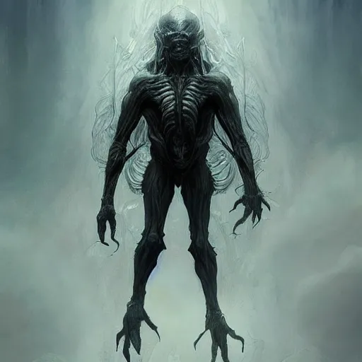 Image similar to a beautiful terrifying immense pale humanoid giant looms over a tiny human. ethereal horror fantasy art by artgerm and greg rutkowski and hr giger