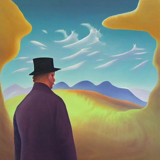 Prompt: surreal painting from a man with a hat in front of mountains