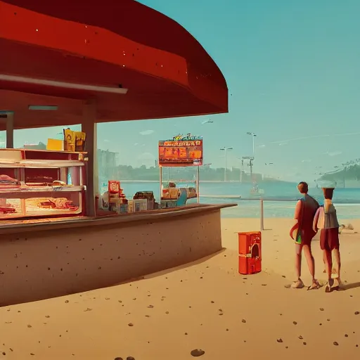 Image similar to fast food counter by the beach by simon stalenhag