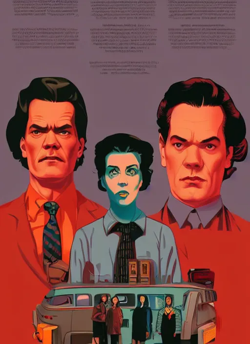 Image similar to Twin Peaks art, of Michael Shannon dressed as mechanic talking to Jennifer Connelly wearing light blue diner waitress dress, poster artwork by Tomer Hanuka, Sam Weber, Laurent Durieux, Katherine Lam, from scene from Twin Peaks, clean