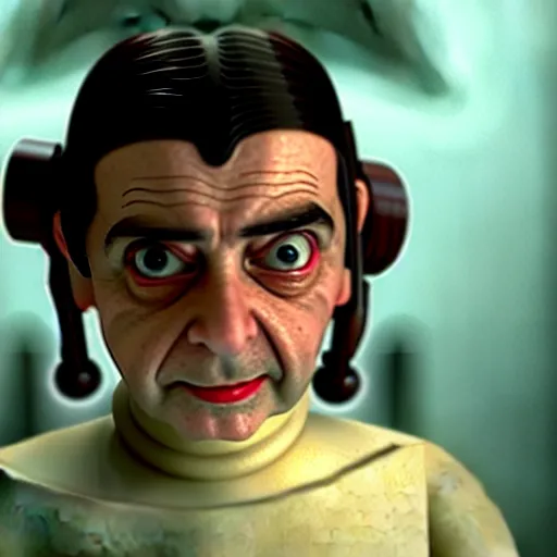 Prompt: mr. bean as princess leia from star wars. movie still. cinematic lighting.