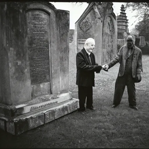 Prompt: an old man shaking hands with a robot in a graveyard, liminal, gothic, eerie, intricate, detailed, award winning photograph, cinestill 8 0 0 t,