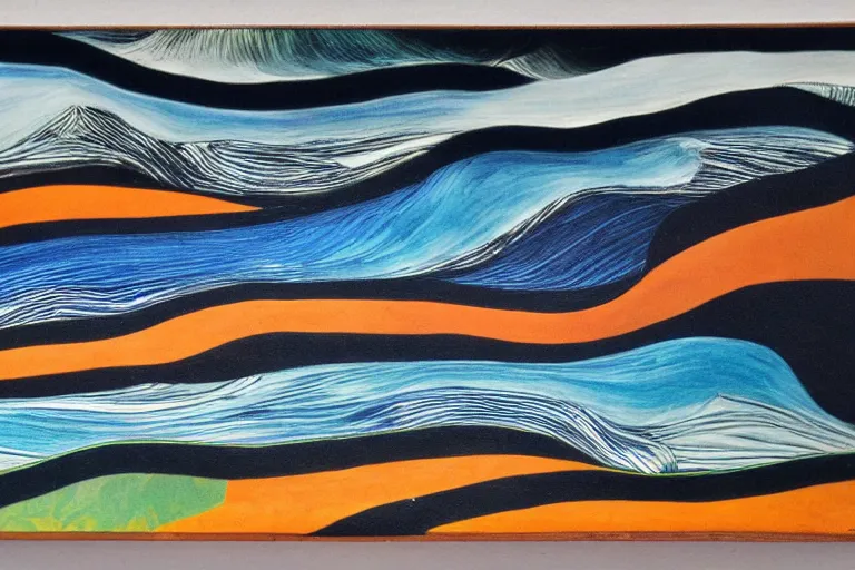 Image similar to A modernist landscape painting. Wild energy patterns rippling in all directions. Curves, zig-zags. Organic. Mountains. Clouds. Vegetation. Rushing water. Waves. LSD.