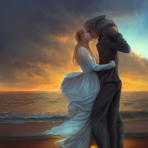 Prompt: couple of love watching sunset, by lise deharme,