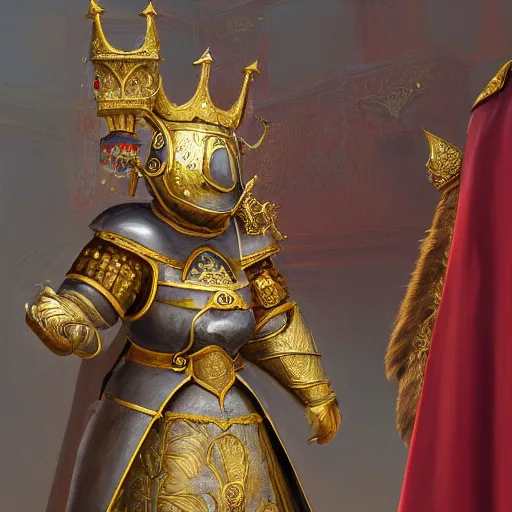 Image similar to highly detailed photorealistic painting of a capybara :: wearing a ultra detailed ornamented gold crown with diamonds, in a highly detailed medieval knight armor with red cape, standing in front of a photorealistic detailed castle, sharp focus in the style of ruan jia, Mandy jurgens, cinematic light, concept art, trending on artstation, ultra realistic, 8k octane render, unreal engine