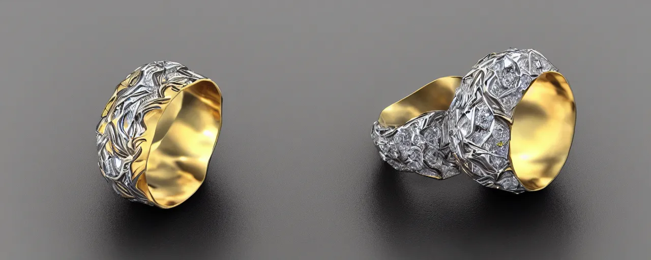 Image similar to simple silver magic crystal ring, gold, smooth, crystal, engravings, diamonds, product design, jewelry, colorful, art by gerald brom, greg rutkowski and artgerm, photo realism, unreal engine, c 4 d