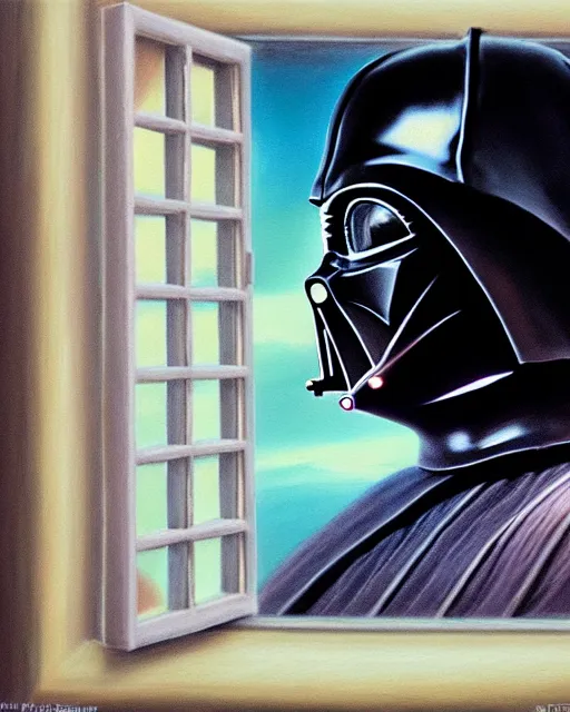 Image similar to pastel painting portrait of darth vader looking through a large window into space, high production value, intricate details, high resolution, hdr, high definition, masterpiece, realistic, ultrarealistic, highly detailed, hd, sharp focus, non blurry, sharp, smooth