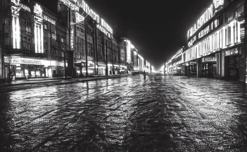 Image similar to high quality movie still of a soviet street yougoslavian street with few pedstrian , Cinestill 800t 18mm black and white heavy grain, very detailed, precise, HD, rain, mud, foggy, neon billboard