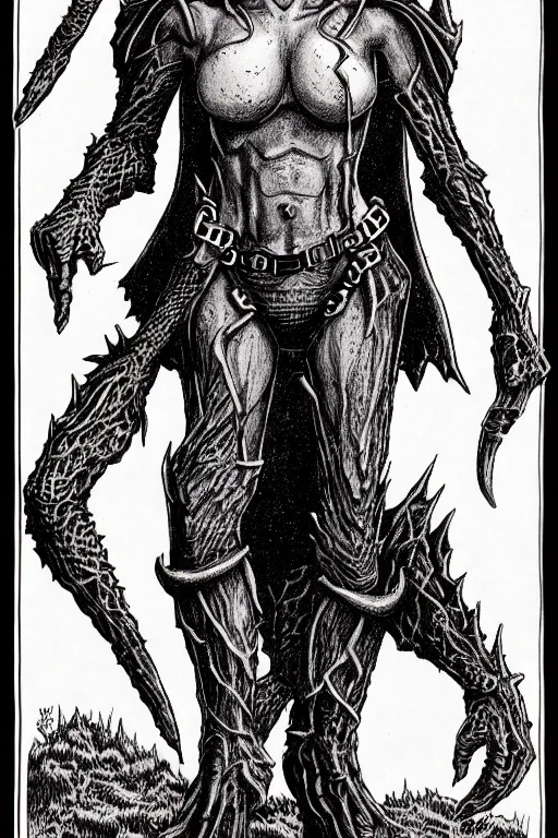 Image similar to dana scully as a d & d monster, full body, pen - and - ink illustration, etching, by russ nicholson, david a trampier, larry elmore, 1 9 8 1, hq scan, intricate details, stylized border