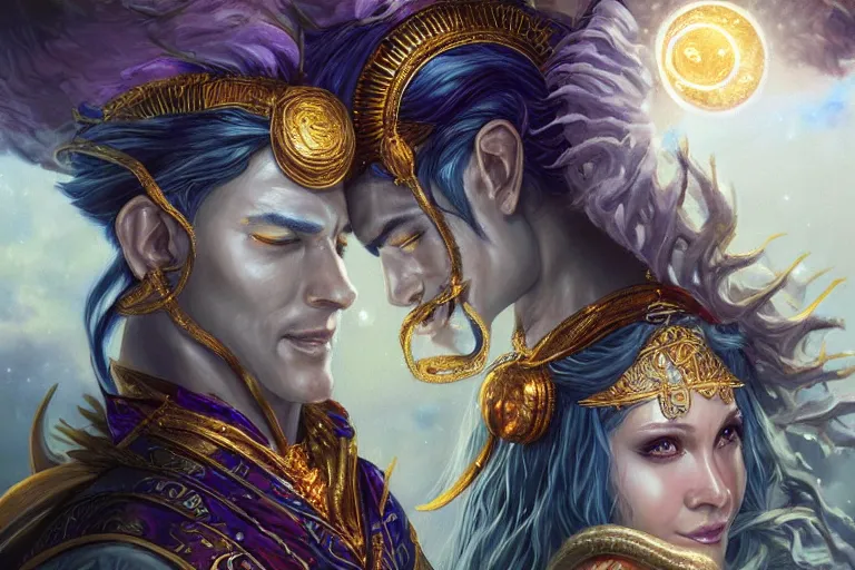 Image similar to close up moment of a divine a sun god and a moon goddess lovers magician at a wedding banquet, highly detailed, d & d, fantasy, highly detailed, digital painting, trending on artstation, concept art, sharp focus, illustration, art by artgerm and greg rutkowski and magali villeneuve