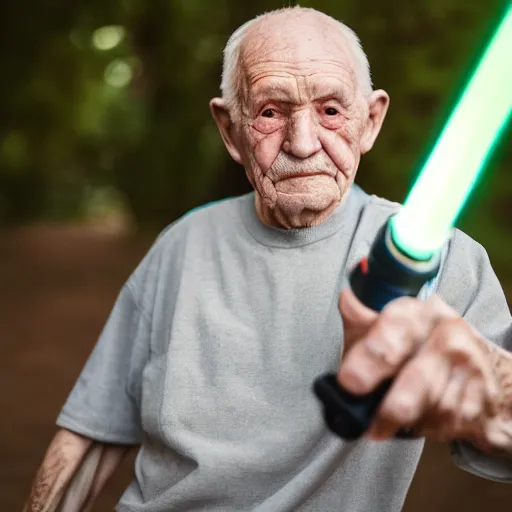 Prompt: elderly man with lightsaber, canon eos r 3, f / 1. 4, iso 2 0 0, 1 / 1 6 0 s, 8 k, raw, unedited, symmetrical balance, in - frame