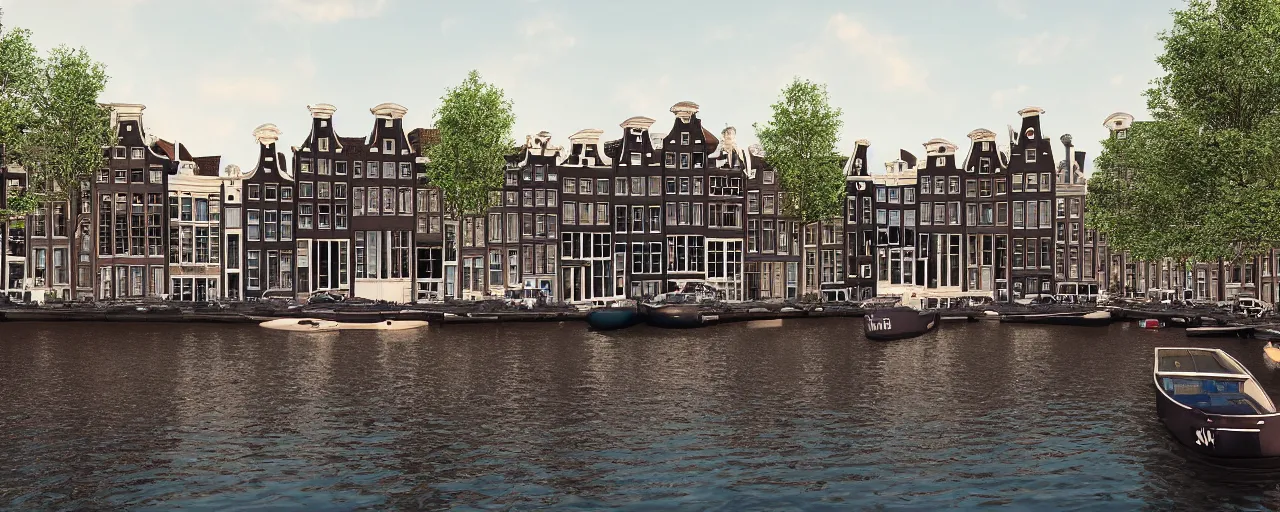 Prompt: view of houses in amsterdam, with water and boats, photography, 3 5 mm, hyper realistic, 8 k, unreal engine, illustration, happy lighting