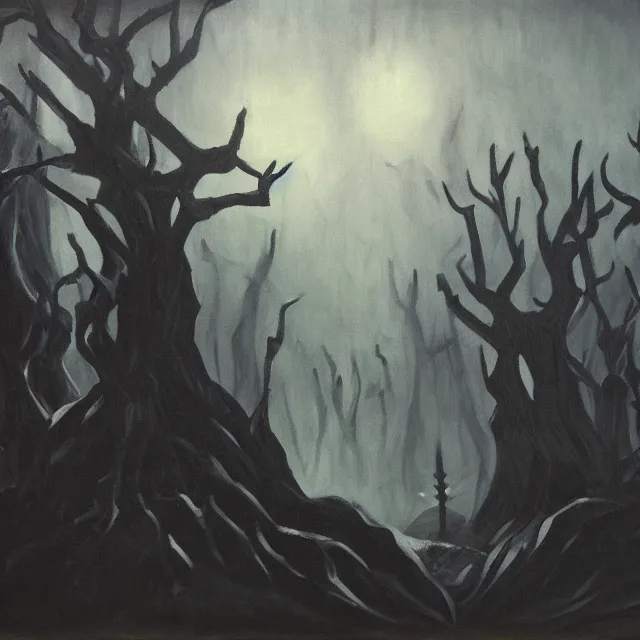 Image similar to black temple with spikes in a dark forest, oil painting