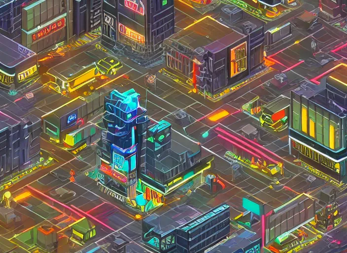 Prompt: Isometric artwork of a cyberpunk city, gritty, highly detailed, digital art, 4k, raining, police scene