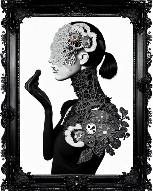 Prompt: black and white masterpiece profile portrait painting, dutch masters, silver lace floral steampunk biomechanical beautiful one techno eye young female cyborg, big monocular, volumetric light, leaves foliage and stems, hibiscus flowers, by cecile beaton, rim light, big gothic fashion pearl embroidered collar, 8 k