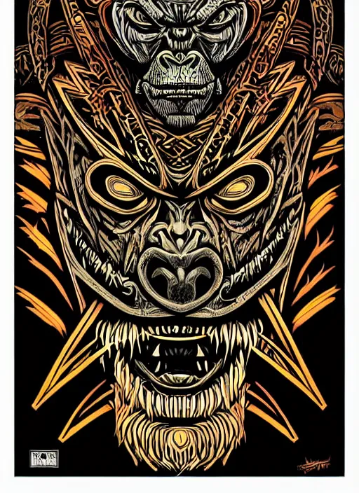 Image similar to barong family member, wiwek, mara demon, lizard tongue, one single tribe member, jungle, one single mask, dark, ancient warrior, gorilla, tribals, art by dan mumford