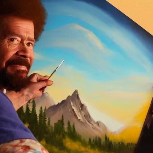 Prompt: a closeup photorealistic photograph of bob ross painting a canvas of iron man. mountains and trees. film still. brightly lit scene. this 4 k hd image is trending on artstation, featured on behance, well - rendered, extra crisp, features intricate detail, epic composition and the style of unreal engine.