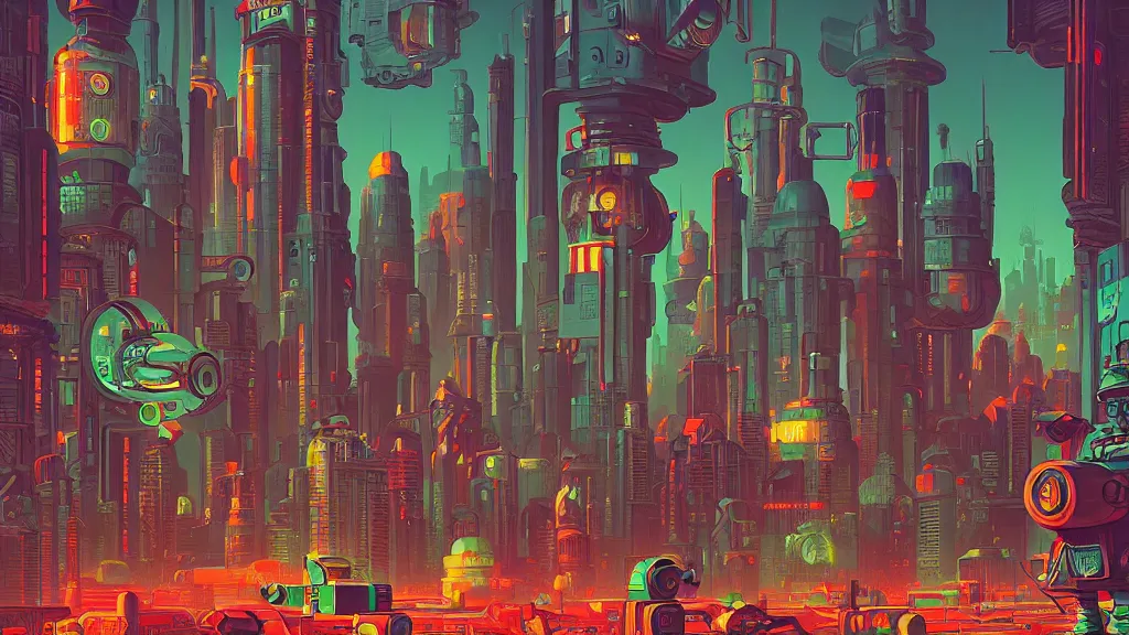 Prompt: retro robot city at the other side of nowhere, sharp digital painting. retrofuturism. concept art. artstation. casey weldon. digital render. dan mumford.