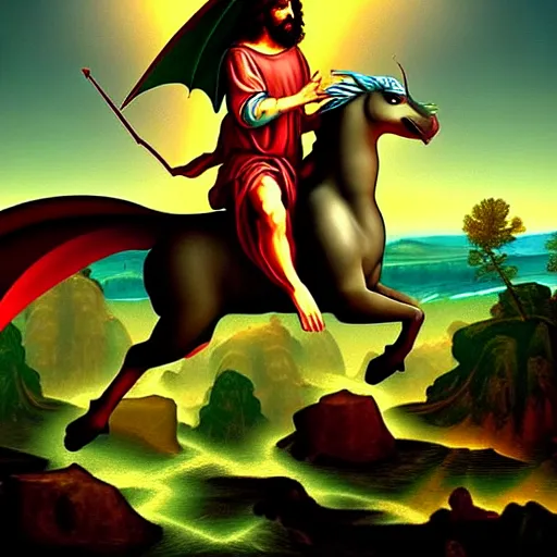 Prompt: Jesus riding a dragon, renaissance painting, fantasy art, digital art