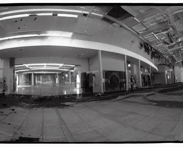 Image similar to camera footage of a Darpa Robot hunting skateboarders in an abandoned shopping mall, high exposure, dark, monochrome, camera, grainy, CCTV, security camera footage, timestamp, zoomed in, fish-eye lense, Robot, Skateboarding, Drone, Intense, Darpa,
