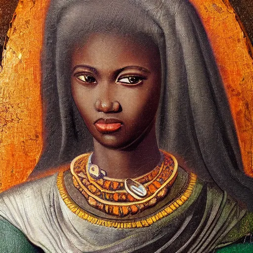 Prompt: A 14th century African renaissance oil painting, portrait, grainy, realistic, very realistic, hyperrealistic, highly detailed, very detailed, extremely detailed, very neat, very epic, very cool, detailed, trending on artstation made by Sam Gilliam and Edmonia Lewis