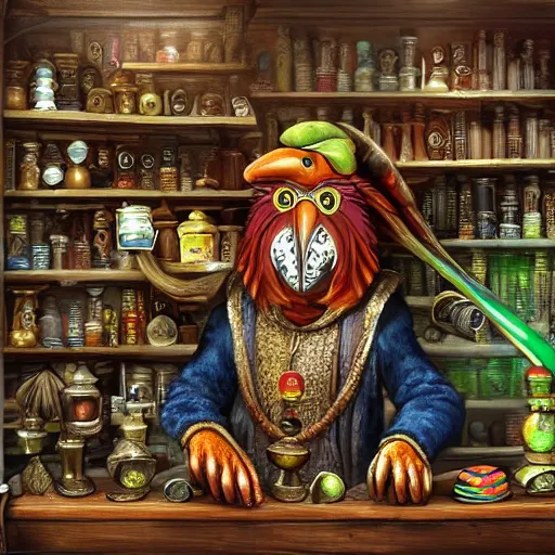 Prompt: Anthropomorphized parrot trader in his shop, shelves full, selling a gem, portrait, items, magic potions, carpet, window, fancy hat, sly expression , cunning expression, cute expression, presenting magic gem, D&D, fantasy, cinematic lighting, highly detailed, digital painting, artstation, concept art, smooth, sharp focus, illustration, warm light, cozy warm tint, magic the gathering artwork, volumetric lighting, 8k, no gold, no gold colours, art by Akihiko Yoshida, Greg Rutkowski