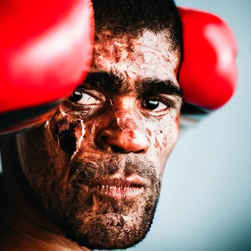 Image similar to close up portrait of boxer after boxing with brews blood sweating, photography photojournalism, very grainy image 120mm lens close up portrait