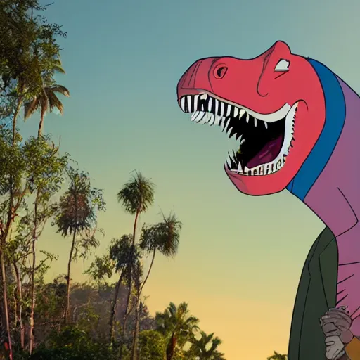 Prompt: tyrannosaurus in studio city, still from bojack horseman