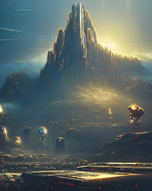 Image similar to cult of technology, exterior of scifi temple, machines, robots, ultra realistic, golden computers, highly detailed, mountains, clouds, futuristic landscape, city, atmosphere, masterpiece, epic lighting, glowing wires, mysterious, illuminated, 4 k, cinematic, art by patryk olkiewicz and chris ostrowski and liang yao