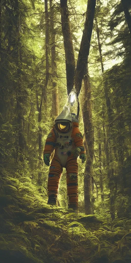 Image similar to american astronaut in the forest plants environment wide angle cinematic lighting atmospheric realistic octane render highly detailed in th