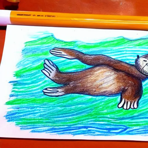 Prompt: a talented child's crayon drawing of a sea otter