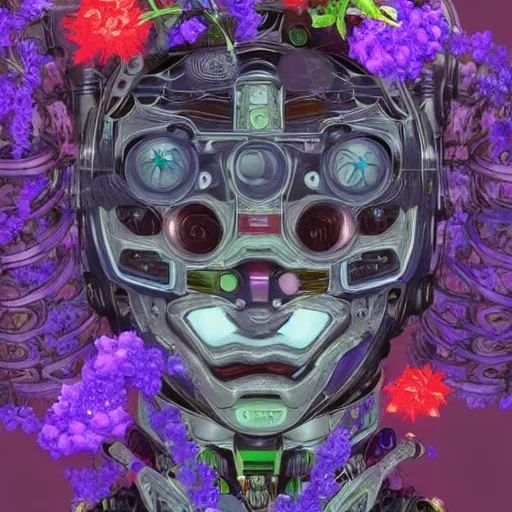 Image similar to colourful vfx art - portrait of army mecha robot wrapped in flowers & vines, art by utagawa kunisada & james jean, volumetric light, ray tracing, sharp, detailed, digital painting, illustration, highly detailed, intricate detail, unreal engine, octane render, global light, pinterest, behance, art station,